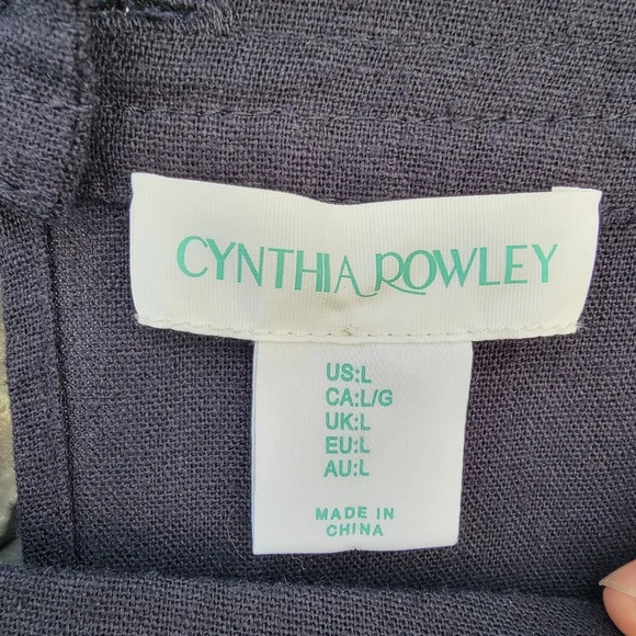 Cynthia Rowley Navy Linen blend coastal Dress Gold Shell Buttons Pockets Size L - Picture 10 of 11